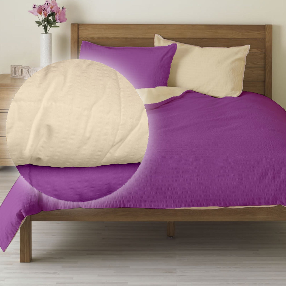 Lenjerie pat 100% bumbac Creponat, bicolor Iris Orchid & Honey Peach