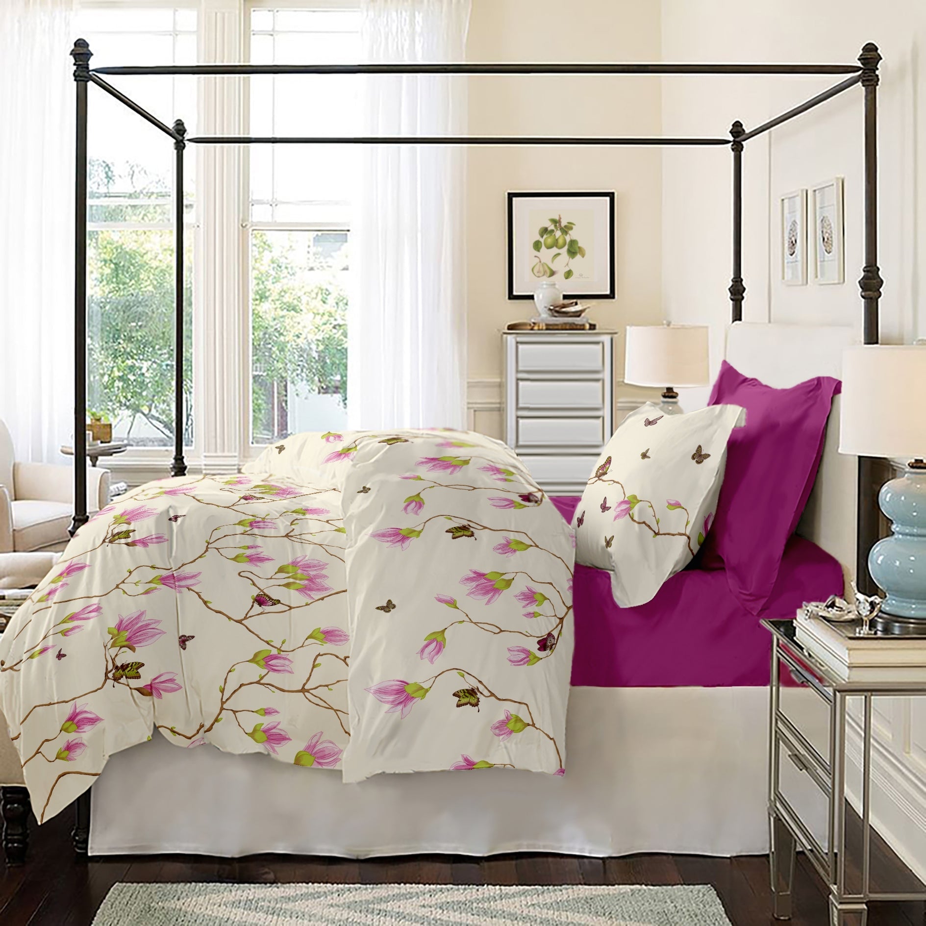 Lenjerie pat Renforce 100% bumbac, desen Magnolia v.1 Fuchsia Red