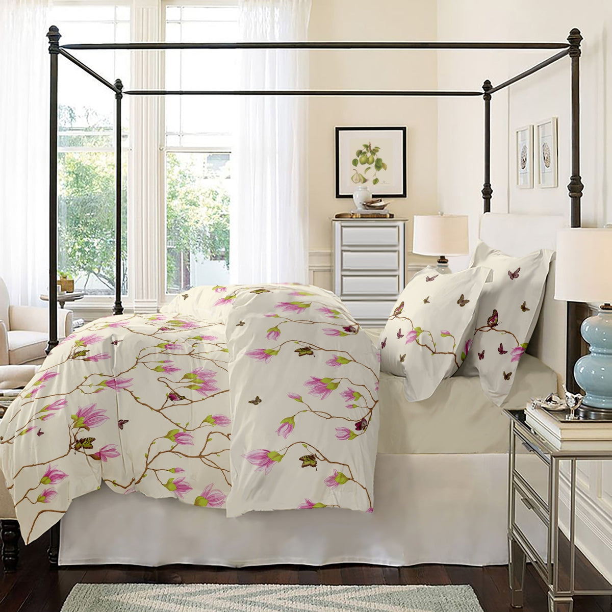 Lenjerie pat Renforce desen Magnolia Butterfly-v.1 Vanilla