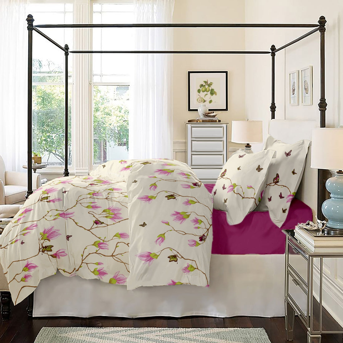 Lenjerie pat Renforce desen Magnolia Butterfly-v.1 Fuchsia-Red, bumbac 100%