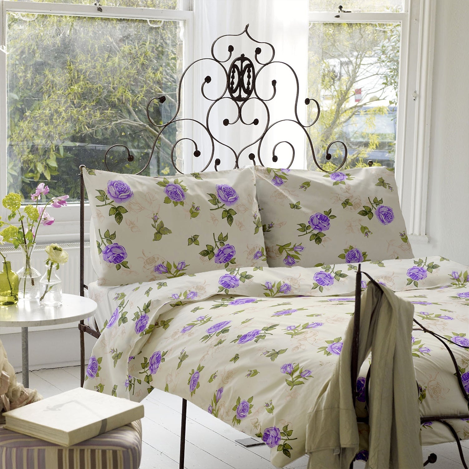 Lenjerie pat Renforce desen Roses 03 Lila, 100% bumbac pat dublu