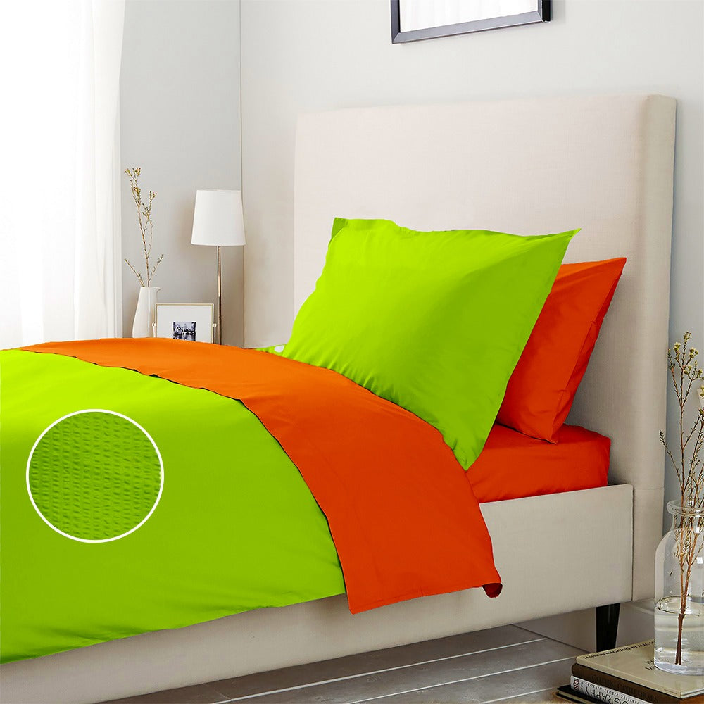 Lenjerie pat 100% bumbac Creponat, bicolor Portocaliu- Verde crud