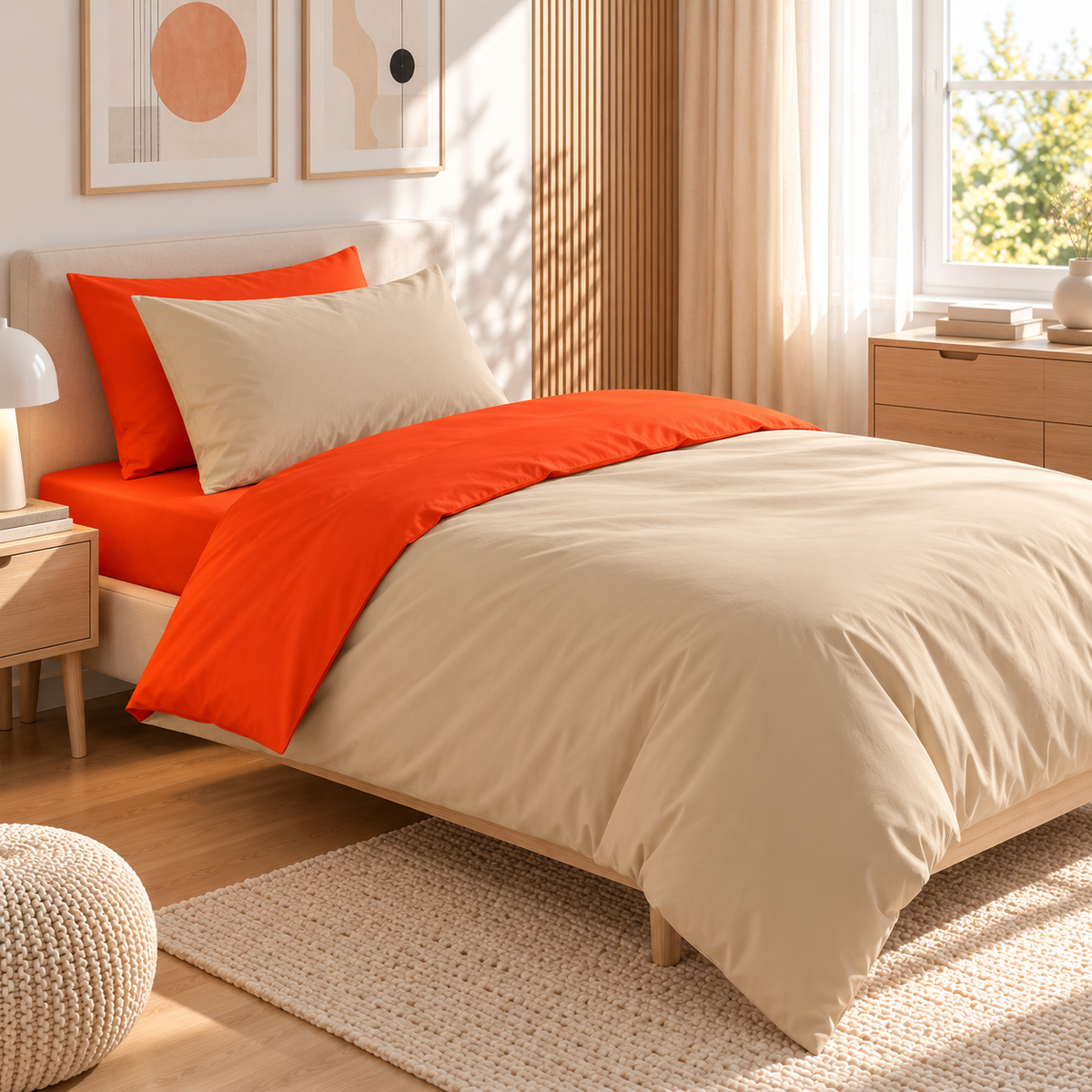 Lenjerie pat 100% bumbac Renforce bicolor Portocaliu – Bej Honey Peach